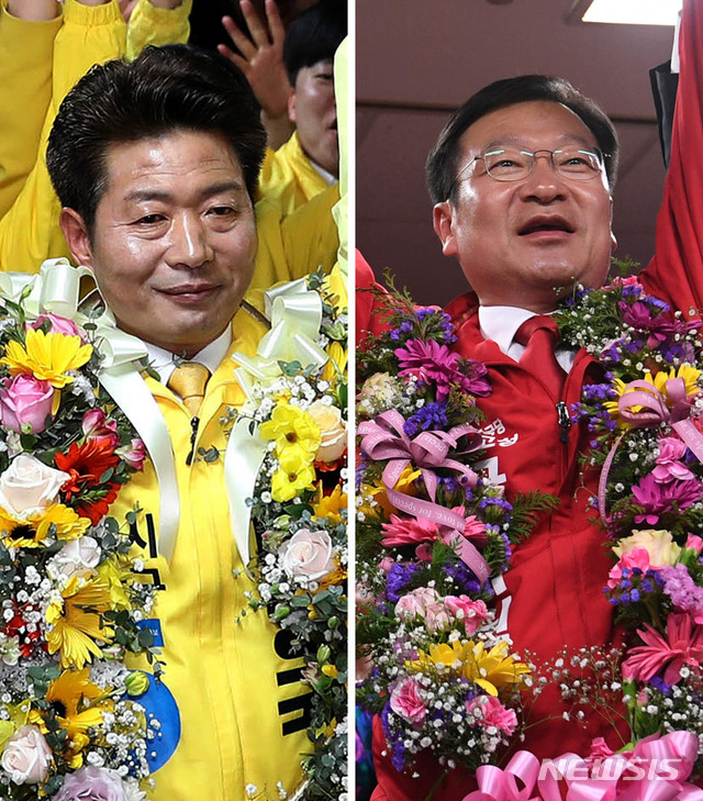 【창원·통영=뉴시스】추상철·차용현 기자 = 4.3 국회의원 보궐선거 창원·성산선거구에서 당선된 정의당 여영국(왼쪽) 당선인이 3일 오후 경남 창원시 성산구 선거사무실에서, 통영·고성 선거구에서 자유한국당 정점식(오른쪽) 당선인이 같은 날 경남 통영시 북신동 선거사무실에서 꽃다발을 받고 소감을 밝히고 있다. 2019.04.03. photo@newsis.com