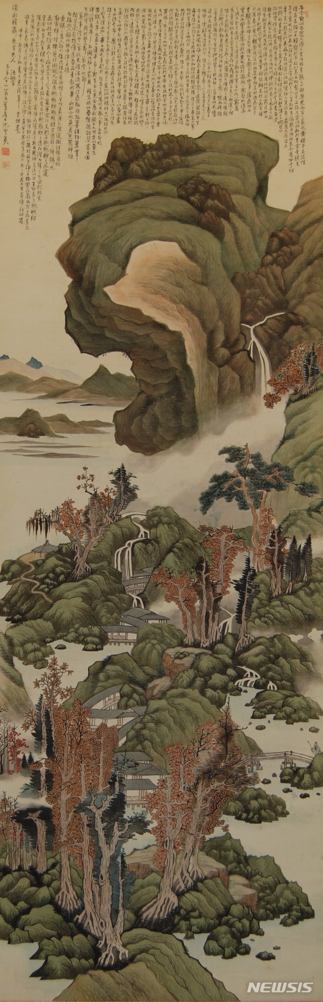 산수도, 황철과 지운영 합작, 1932년, 에 색, 250.0×84.0㎝