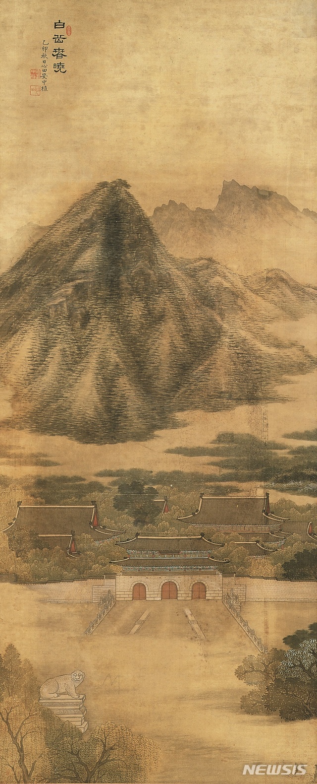 백악춘효(白岳春曉), 안중식, 1915년 가을, 비단에 엷은 색, 197.5×63.7㎝, 202.0×65.3㎝, 국립중앙박물관 소장, 등록문화재 485호