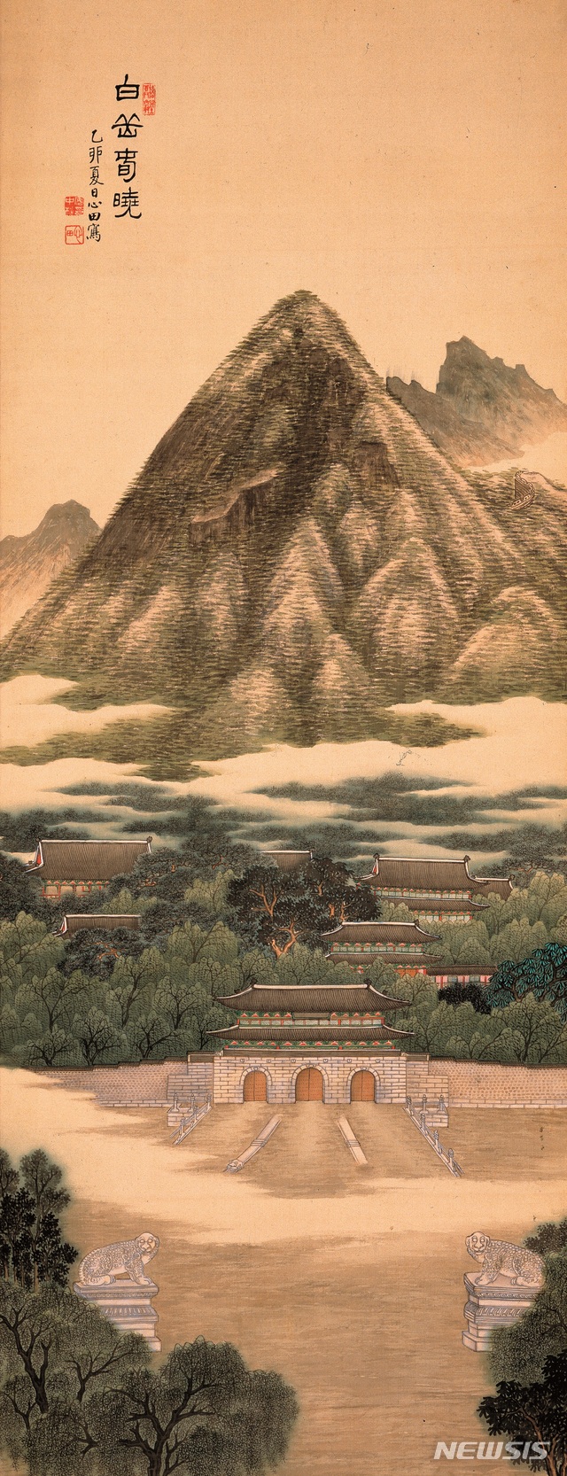 백악춘효(白岳春曉), 안중식, 1915 여름, 비단에 엷은 색, 197.5×63.7㎝, 202.0×65.3㎝ 국립중앙박물관 소장, 등록문화재 485호