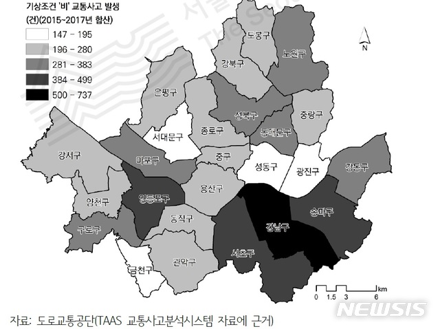 【서울=뉴시스】 자치구별 우천시 교통사고 건수. 2019.04.16. (사진= 서울연구원 제공)