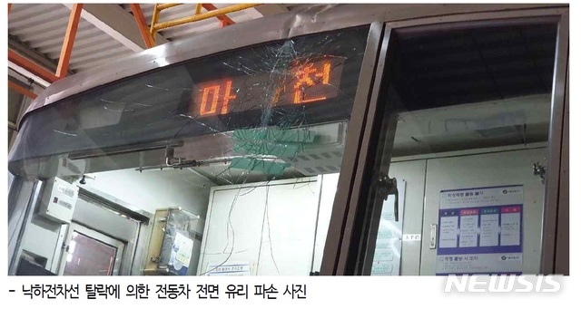 【서울=뉴시스】 5호선 낙하전차선 탈락에 의한 전동차 전면 유리 파손 사진. 2019.04.19. (사진=서울교통공사노조 제공) 