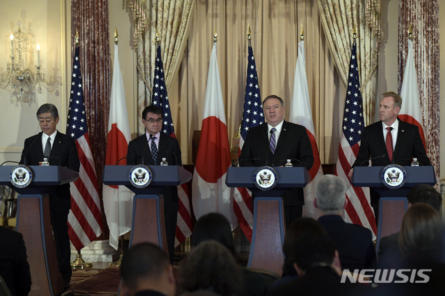 From left, Japanese Defense Minister Takeshi Iwaya, Japanese Foreign Minister Taro Kono, Secretary of State Mike Pompeo, and acting Secretary of Defense Patrick Shanahan hold a news conference on Friday, April 19, 2019, at the Department of State in Washington. (AP Photo/Sait Serkan Gurbuz)