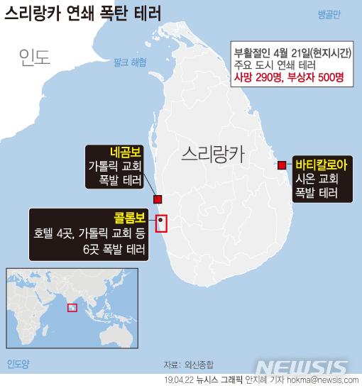 【서울=뉴시스】21일(현지시간) 오전 스리랑카에서 발생한 부활절 연쇄 폭발로 현재까지 13명의 용의자가 체포됐다. 사망자는 290명으로 늘었다. (그래픽=안지혜 기자) hokma@newsis.com