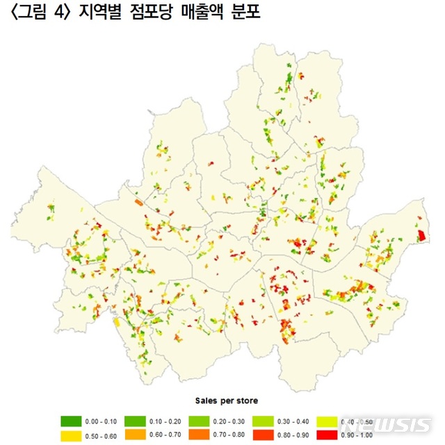 【서울=뉴시스】 서울시 지역별 점포당 매출액 분포. 2019.04.24. (사진=서울연구원 제공)