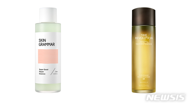 왼쪽부터 스킨그래머 '슈퍼 굿 리페어 에센스'와 미샤 '타임 레볼루션 아르테미시아 트리트먼스 에센스'