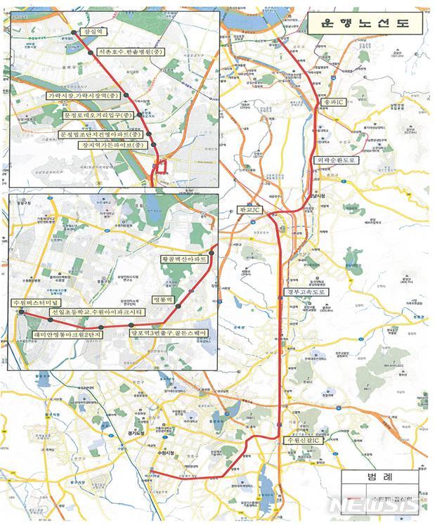 【서울=뉴시스】수원버스터미널~잠실역 M버스 노선도