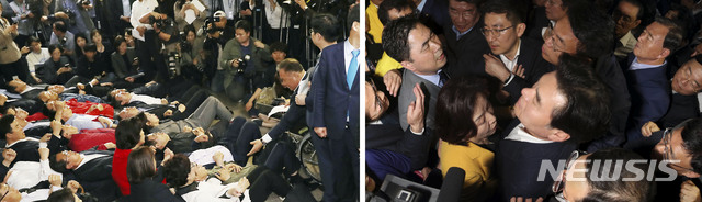 【서울=뉴시스】이종철·박영태 기자 = 민주당 이상민(왼쪽사진) 사개특위 위원장과 심상정(오른쪽사진) 정개특위 위원장이 각각 공수처법 등 개혁 법안회의와 연동형 비례대표제 도입을 핵심으로 하는 공직선거법 개정안 회의를 위해 26일 서울 여의도 국회 회의실로 들어가려 하자 자유한국당 의원들이 입구를 막고 있다. 2019.04.26.&nbsp; photo@newsis.com