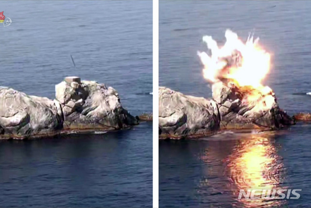 【서울=뉴시스】6일 북한 조선중앙TV는 김정은 북한 국무위원장이 지난 4일 동해상에서 대구경 장거리 방사포, 전술유도무기의 타격 훈련을 지도했다고 보도했다. 특히 어제 훈련에 장거리 방사포와 전술 유도무기 등을 동원했다며 관련 사진을 공개했다. 2019.05.06. (사진=조선중앙TV 캡쳐)&nbsp; photo@newsis.com