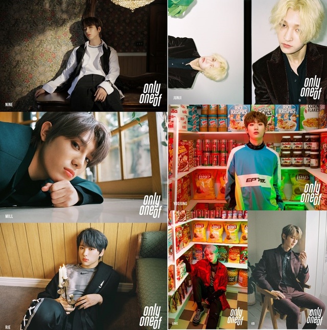 그룹 '온리원오브'. 위 왼쪽부터 시계방향으로 나인, 준지, 유정, 규빈, 러브, 밀 리에