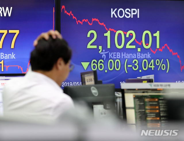 【서울=뉴시스】박주성 기자 = 코스피지수가 전 거래일(2168.01)보다 66.00포인트(3.04%) 내린 2102.01에 마감해 9일 오후 서울 중구 을지로 KEB하나은행 본점 딜링룸에서 딜러들이 업무를 보고 있다. 2019.05.09.&nbsp; park7691@newsis.com