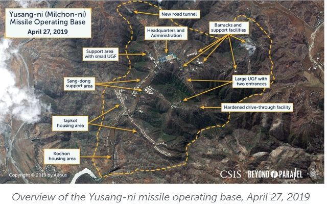 【서울=뉴시스】 미국 싱크탱크 전략국제문제연구소(CSIS) 산하 북한전문사이트 '비욘드 패럴렐'이 9일(현지시간)공개한 북한 평양남도 운산군의 유상리 미사일 기지 일대의 모습을 찍은 위성사진. <사진출처: 비욘드 패럴렐 홈페이지> 2019.05.09 