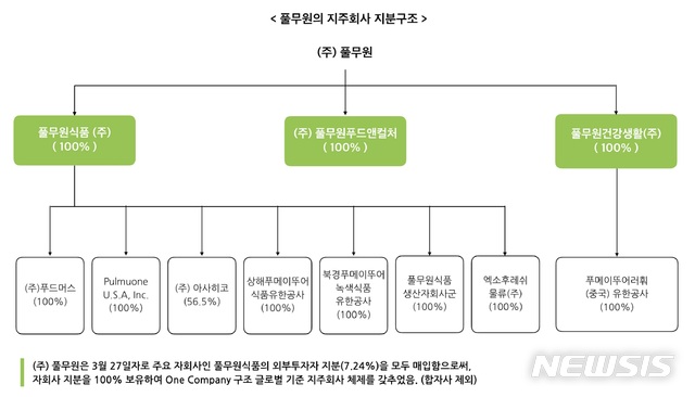 【서울=뉴시스】지주사가 자회사의 지분을 100% 보유한 풀무원의 지분구조. 2019.5.13(표=풀무원 제공) photo@newsis.com