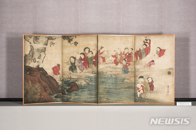 '가라코의 꼬리잡기 놀이'(唐子遊圖屛風), 나가사와 로세쓰(1754~1799), 167.0×372.0㎝, 에도시대 18세기, 6폭 병풍