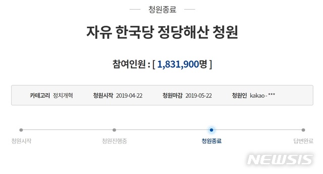 【서울=뉴시스】 자유한국당 정당 해산을 요구하는 청와대 국민 청원이 22일 마감됐다. 국민청원 참여자는 역대 최다인 183만1900명을 기록했다. 정부 또는 청와대는 30일 이내에 청원에 대한 답변을 내놓아야 한다. 2019.5.22(출처 : 청와대 국민청원 페이지 캡처) 