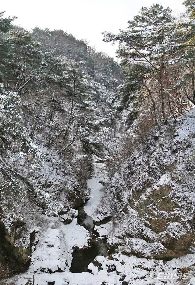 【청주=뉴시스】강신욱 기자 = 충북 제천시가 안전진단 D등급을 받은 모산동 명승 20호 '제천 의림지와 제림'의 인도교 재설치 계획이 문화재위원회에서 제동이 걸렸다. 사진은 의림지 수문 아래 용추폭포 설경. 2019.05.28. ksw64@newsis.com 