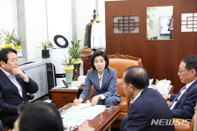 【서울=뉴시스】 전진환 기자 = 자유한국당 나경원 원내대표가 29일 오전 서울 여의도 국회 원내대표실에서 국정원 관권선거 의혹 대책위 회의를 주재하고 있다. 2019.05.29. amin2@newsis.com