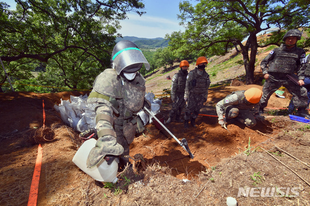 【서울=뉴시스】 사진공동취재단= 28일 강원 철원군 민통선 내 우리 측 지역인 화살머리고지일대에서 남북공동유해발굴 T/F 장병들이 지뢰제거와 기초발굴을 하고 있다.국방부는 지난 4월 1일부터 5월 22일 까지 발굴된 유해는 총 321점이며, 유품은 2만2808점이라고 밝혔다. 2019.05.29. photo@newsis.com