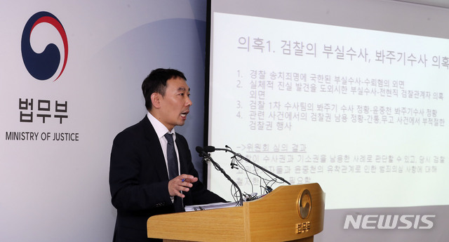 【과천=뉴시스】최진석 기자 = 김용민 과거사위원회 위원이 지난 5월29일 오후 경기 정부과천청사 법무부 브리핑실에서 '법무부 검찰 과거사위원회 '김학의 사건' 최종 조사결과'를 발표 하고 있다. 2019.05.29. myjs@newsis.com