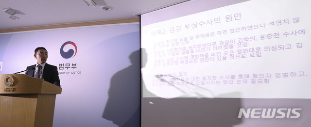 【과천=뉴시스】최진석 기자 = 김용민 과거사위원회 위원이 29일 오후 경기 정부과천청사 법무부 브리핑실에서 '법무부 검찰 과거사위원회 '김학의 사건' 최종 조사결과'를 발표 하고 있다. 2019.05.29.myjs@newsis.com