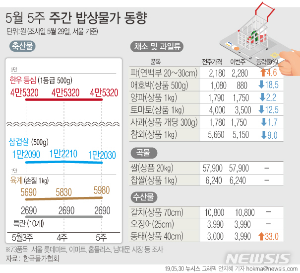 【그래픽=뉴시스】5월 5주 주간 밥상물가 동향(73품목 서울 지역 기준, 자료:한국물가협회) hokma@newsis.com