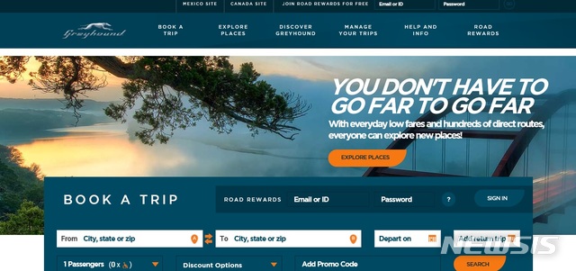 【서울=뉴시스】그레이하운드 모기업인 영국 퍼스트그룹은 30일(현지시간) 그레이하운드와 다른 북미 사업 부문간 시너지가 제한적이라며 매각을 공식화했다고 CNN 등이 보도했다. 사진은 그레이하운드 홈페이지. 2019.05.31 (사진 = 그레이하운드 홈페이지 갈무리)