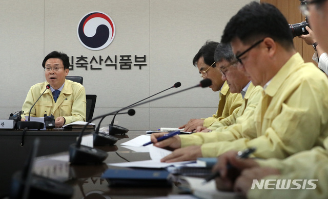 【세종=뉴시스】강종민 기자 = 북한에서 아프리카돼지열병(ASF)이 발생한 것으로 공식 확인된 가운데 31일 오전 정부세종청사 농림축산식품부 상황실에서 이재욱 차관 주재로 긴급 상황점검 회의가 열리고 있다. 2019.05.31. ppkjm@newsis.com