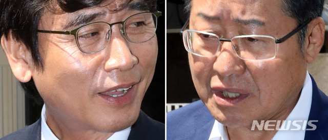 【서울=뉴시스】 전진환 기자 = 유시민(왼쪽) 노무현재단 이사장과 홍준표 전 자유한국당 대표가 3일 오전 유튜브 '홍카레오(홍카콜라+알릴레오)' 맞짱토론 녹화를 위해 서울 강남의 한 스튜디오에 도착해 인터뷰하고 있다. 2019.06.03. amin2@newsis.com