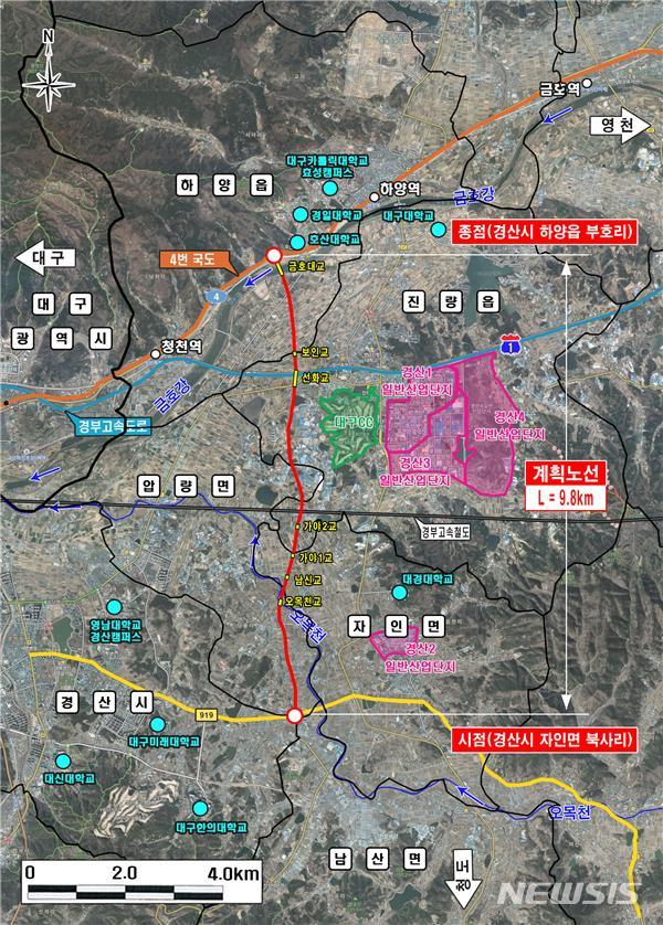 【경산=뉴시스】 강병서 기자=경산시 남산면과 하양읍을 잇는 국도대체우회도로의 위치도. 2019.06.05. (사진=경산시 제공)&nbsp; photo@newsis.com