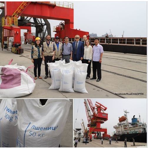 【서울=뉴시스】알렉산드르 마체고라 북한 주재 러시아 대사(위 사진 가운데 선글라스 쓴 남성)가 5일 북한 남포항에서 진행된 밀 하역식에 참석해 관계자들과 포즈를 취하고 있다. 러시아 대사관은 이날 자국이 북한에 밀 4000t을 인도적 지원했다고 밝혔다. <사진출처: 북한 주재 러시아대사관 페이스북> 2019.06.06 