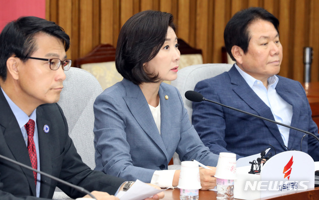 【서울=뉴시스】 박영태 기자 = 7일 오전 서울 여의도 국회에서 열린 자유한국당 원내대책회의에서 나경원 원내대표가 발언하고 있다. 2019.06.07.since1999@newsis.com