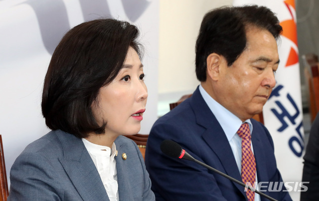 【서울=뉴시스】 박영태 기자 = 12일 오전 서울 여의도 국회에서 열린 자유한국당 원내대표·중진의원 연석회의에서 나경원 원내대표가 발언하고 있다. 2019.06.12.since1999@newsis.com