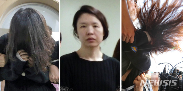 【제주=뉴시스】우장호 기자 = 신상 공개가 결정된 '전 남편 살해' 피의자 고유정(36·여)이 지난 6일 오후 제주 동부경찰서에서 조사를 받은 뒤 머리카락으로 얼굴(왼쪽부터)을 가렸으나 7일 오후 같은 장소에서 조사를 받기 위해 진술 녹화실로 이동하며 고개를 들고 얼굴을 보였으나 12일 제주지검으로 송치되면서 또 머리카락으로 얼굴을 가리고 있다&nbsp;&nbsp; 고 씨는 지난달 25일 제주시 조천읍의 한 펜션에서 전 남편인 강모(36) 씨를 살해하고 시신을 유기한 혐의를 받고 있다. 2019.06.12.&nbsp; woo1223@newsis.com 