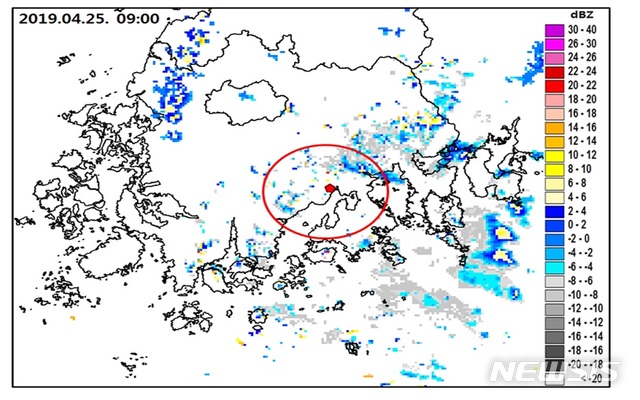 【서울=뉴시스】무인기 시딩 전·후 목표 지역 주변의 한국항공우주연구원(KARI) 레이더 PPI0 반사도 변화(2019.4.25.09) (사진/국립기상과학원 제공) photo@newsis.com