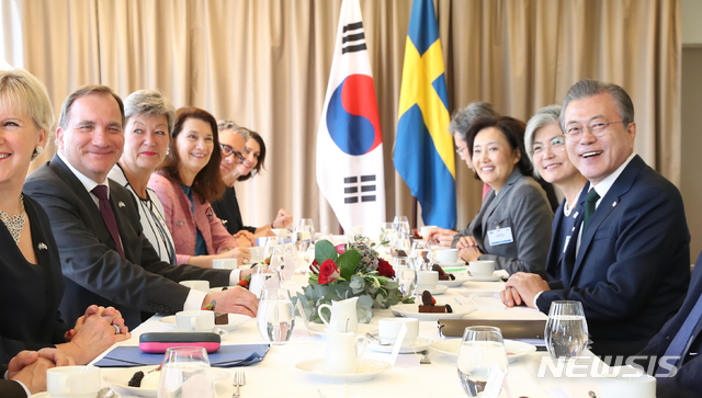【살트셰바덴(스웨덴)=뉴시스】전신 기자 = 문재인 대통령과 스테판 뢰프벤 총리가 15일 살트셰바덴 그랜드 호텔에서 한-스웨덴 정상회담을 하고 있다. photo1006@newsis.com