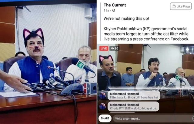 【서울=뉴시스】 파키스탄 복지부 장관인 샤우카트 유사프자이가 15일(현지시간) 고양이 필터를 켜놓은 채 페이스북 라이브 방송을 진행했다. 유사프자이 장관은 즉각 영상을 지우고 사건을 무마했으나 관련 영상은 빠르게 온라인에서 퍼지며 놀림거리가 됐다. (사진=트위터 캡처) 2019.06.17.