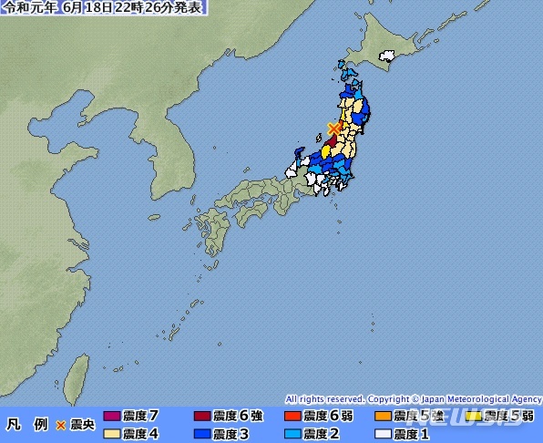 【서울=뉴시스】일본 야마가타현 인근 해상에서 18일 규모 6.8의 지진이 발생했다. 사진은 일본 기상청 알림 캡처. 2019.06.18.