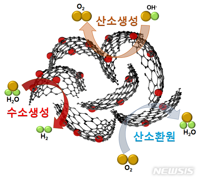 【울산=뉴시스】박수지 기자 = 울산대학교는 화학공학부 정진석·최원묵 교수팀이 탄소만으로 이루어진 그래핀 재료를 이용해 수소와 산소를 동시에 생산할 수 있는 다기능성 촉매를 개발했다고 19일 밝혔다. 사진은 개발된 다기능성 촉매의 구조. 2019.06.19. (사진=울산대학교 제공).   photo@newsis.com. 