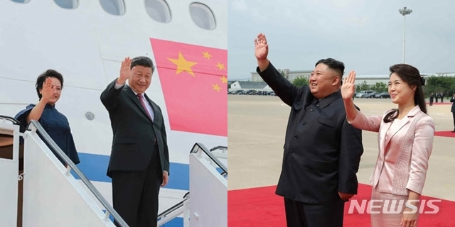 【서울=뉴시스】 북한 노동신문은 21일 김정은 북한 국무위원장이 1박2일 간의 방북 일정을 마치고 귀국길에 오른 시진핑 중국 국가주석을 환송했다고 22일 보도했다. (사진=노동신문)
