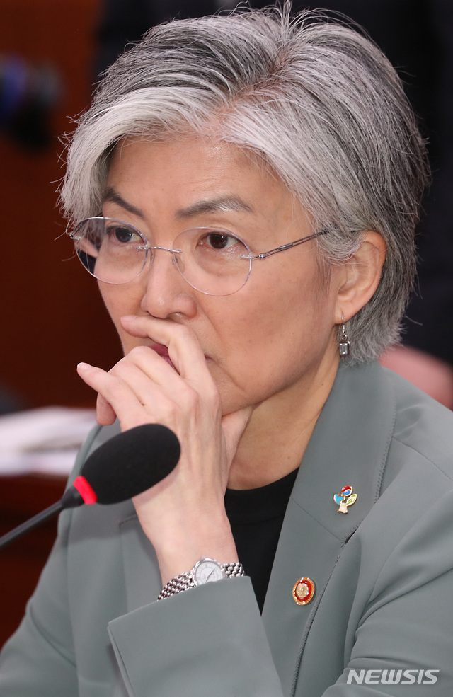 【서울=뉴시스】이종철 기자 = 25일 서울 여의도 국회에서 열린 외교통일위원회 전체회의에서 북한 동력선 사건 등 외교안보 관련 현안 보고를 하는 강경화 외교부장관이 심각한 표정을 하고 있다. 2019.06.25. jc4321@newsis.com