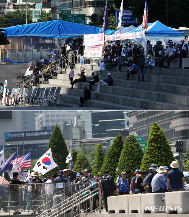 【서울=뉴시스】김선웅·이윤청 기자 = 대한애국당이 광화문광장에 불법적으로 설치한 천막에 대한 서울시의 강제철거 행정 집행이 25일 진행됐다. 사진 위는 지난 24일 철거 전의 모습, 사진 아래는 25일 철거된 후 나무를 심어 놓았다.. 2019.06.25. mangusta@newsis.com