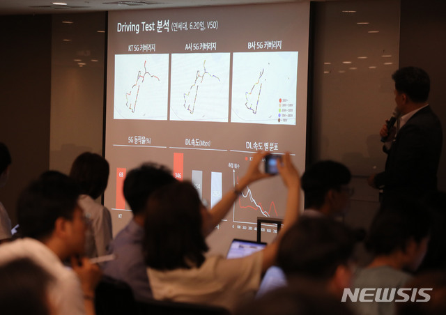 【서울=뉴시스】박주성 기자 = KT 네트워크 김영인 전략담당 상무가 26일 오후 서울 KT 광화문 West 지하1층 대강당에서 KT의 5G 속도 및 커버리지 관련 백브리핑을 하고 있다. 2019.06.27. park7691@newsis.com