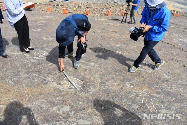 【진주=뉴시스】 경남 진주 정촌 뿌리산업단지 공룡화석 설명회 모습.