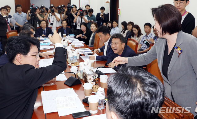 【서울=뉴시스】이종철 기자 = 27일 서울 여의도 국회에서 열린 정치개혁특위 제1소위에서 한국당 장제원 간사가 심상정 정개특위 위원장에게 회의장 나가서 대표 선거운동 하라고 말하고 있다. 2019.06.27. jc4321@newsis.com