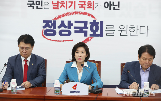 【서울=뉴시스】고승민 기자 = 28일 서울 여의도 국회에서 열린 자유한국당 원내대책회의에서 나경원 원내대표가 모두발언하고 있다. 2019.06.28.kkssmm99@newsis.com