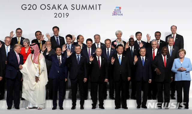 [오사카=뉴시스] 2019년 6월28일 일본 오사카에서 열린 G20 정상회의에도 트럼프 대통령과 시 주석, 푸틴 대통령이 함께 참석해 있다. 2025.07.19.