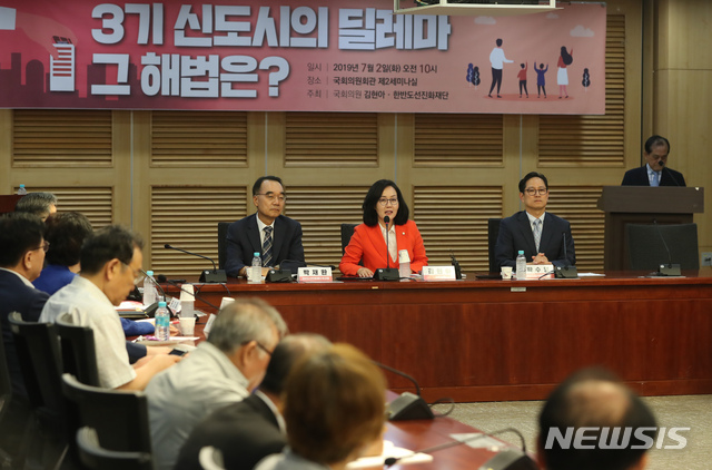 【서울=뉴시스】고승민 기자 = 2일 서울 여의도 국회 의원회관에서 자유한국당 김현아 의원, 한반도선진화재단 주최로 열린 '3기 신도시의 딜레마, 그 해법은' 토론회에서 김현아 의원이 개회사를 하고 있다. 2019.07.02.kkssmm99@newsis.com