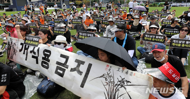 【서울=뉴시스】박주성 기자 = 7일 오후 서울광장에서 열린 개식용 철폐 전국 대집회에서 동물자유연대, 카라 등 동물보호단체 회원들이 개식용을 반대하는 손피켓을 들고 구호를 외치고 있다. 2019.07.07. park7691@newsis.com