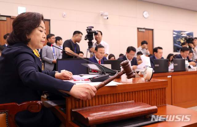 【서울=뉴시스】이종철 기자 = 지난 8일 서울 여의도 국회에서 열린 국토교통위원회 제1차 전체회의에서 박순자 위원장이 의사봉을 두드리고 있다. 2019.07.08. jc4321@newsis.com