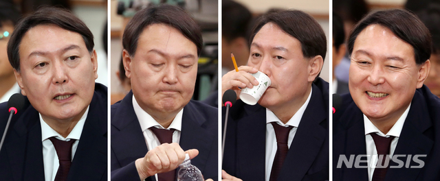【서울=뉴시스】 박영태·전진환 기자 = 8일 오전 서울 여의도 국회에서 열린 검찰총장 후보자(후보자 윤석열) 인사청문회에서 윤석열 후보자가 의원들의 질의에 심각하게 답변하고(왼쪽부터) 물병을 따 물을 마시며 웃고 있다. 2019.07.08.since1999@newsis.com